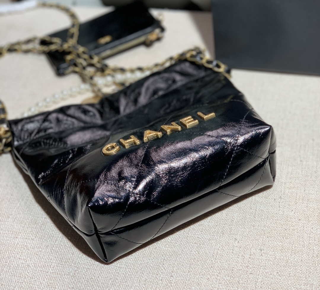 Chanel 22 Mini Handbag Shiny Calfskin AS3260 Pearl Chain Black with Gold - Default Title - View 4