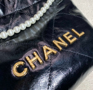 Chanel 22 Mini Handbag Shiny Calfskin AS3260 Pearl Chain Black with Gold - Default Title - View 5