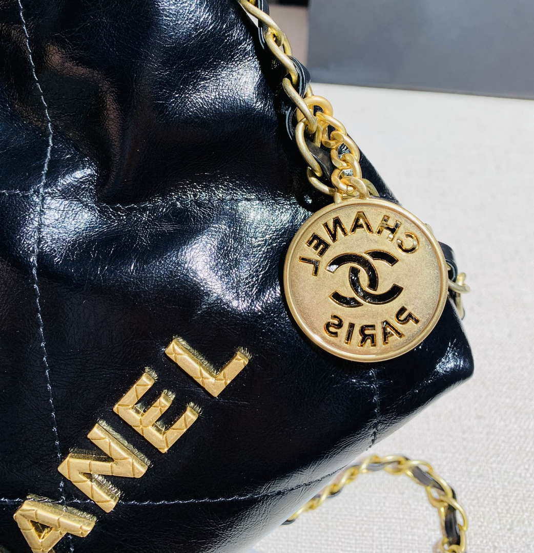 Chanel 22 Mini Handbag Shiny Calfskin AS3260 Pearl Chain Black with Gold - Default Title - View 6