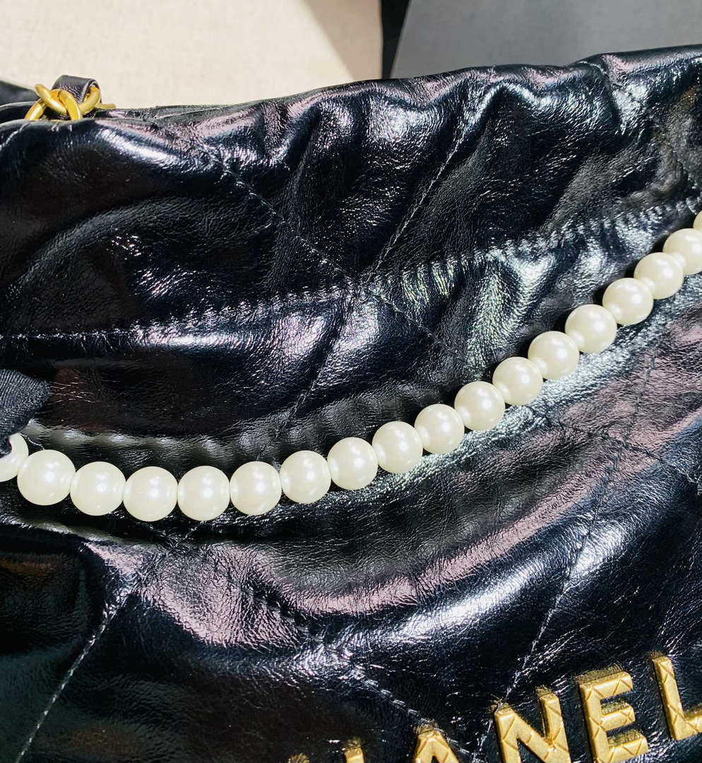Chanel 22 Mini Handbag Shiny Calfskin AS3260 Pearl Chain Black with Gold - Default Title - View 8