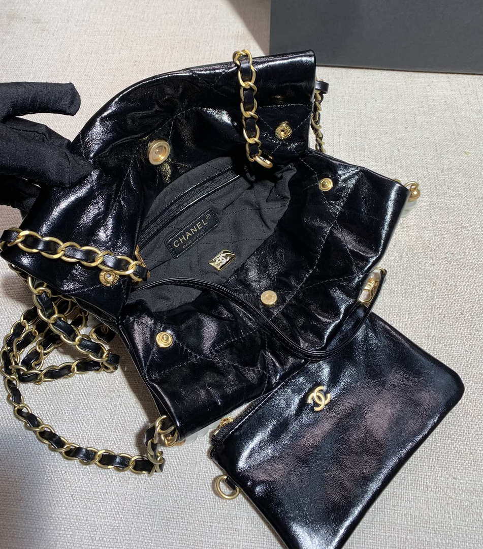 Chanel 22 Mini Handbag Shiny Calfskin AS3260 Pearl Chain Black with Gold