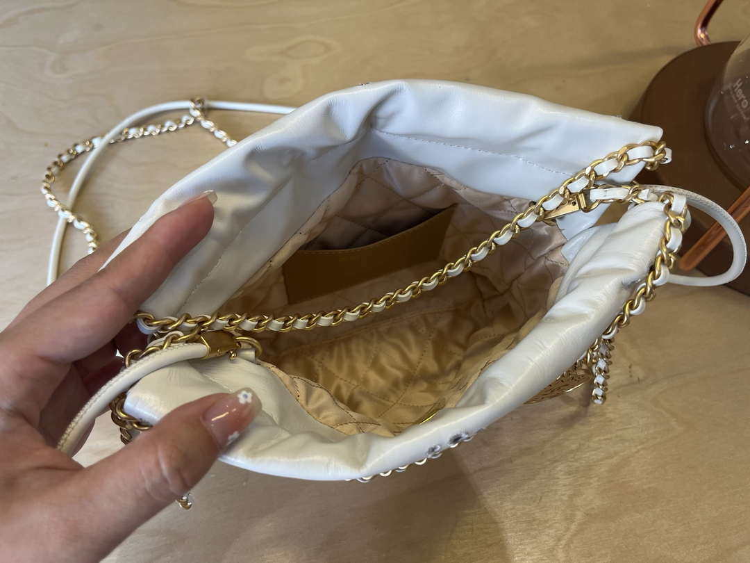 Chanel 22 Mini Handbag  Shiny Calfskin & Gold-Tone Metal AS3980 White - Default Title - View 7