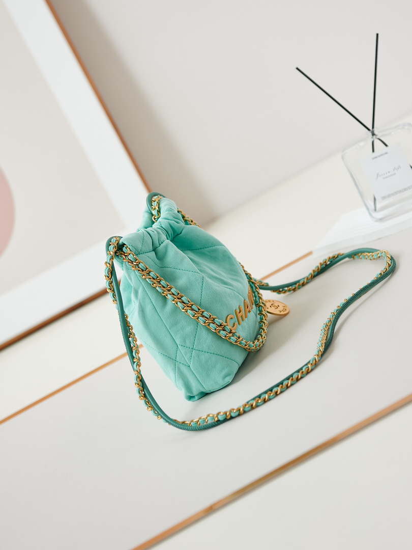 CHANEL 22 Mini Handbag Washed Canvas & Gold-Tone Metal AS3980 Green