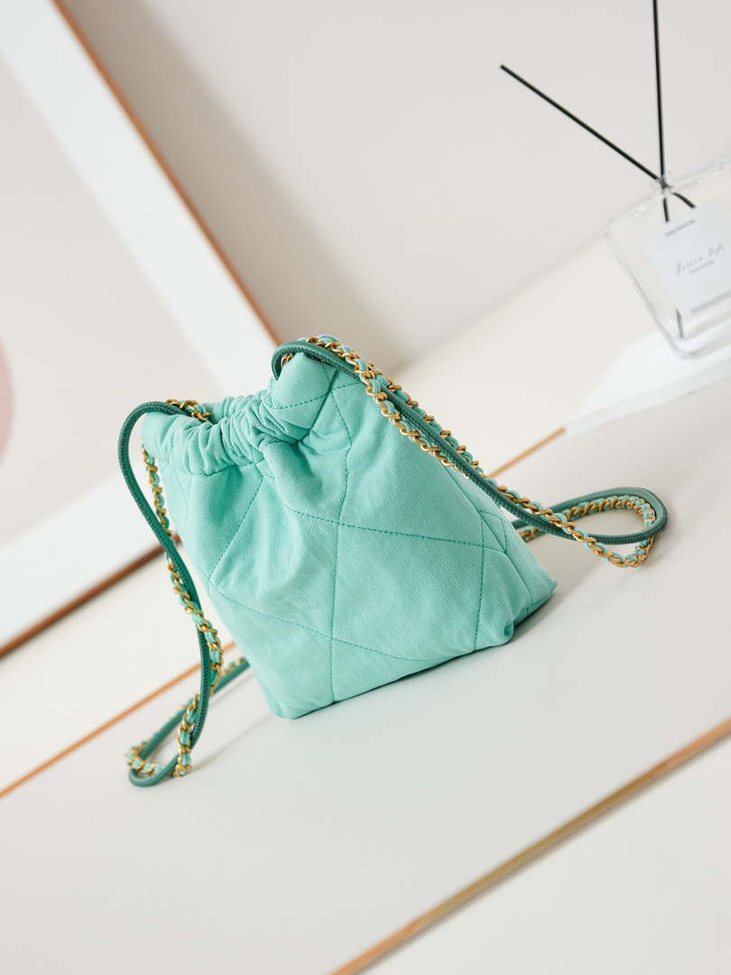 CHANEL 22 Mini Handbag Washed Canvas & Gold-Tone Metal AS3980 Green