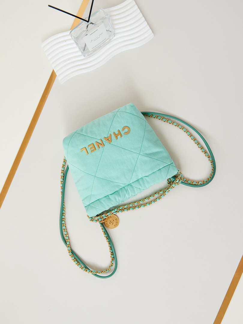 CHANEL 22 Mini Handbag Washed Canvas & Gold-Tone Metal AS3980 Green