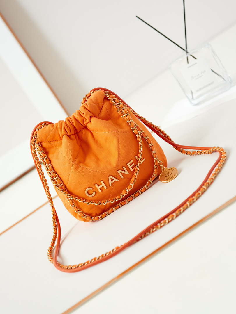 CHANEL 22 Mini Handbag Washed Canvas & Gold-Tone Metal AS3980 Orange