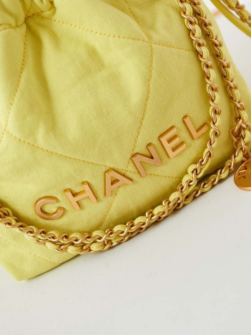 CHANEL 22 Mini Handbag Washed Canvas & Gold-Tone Metal AS3980 Yellow