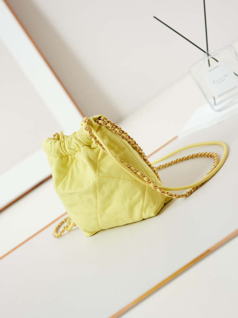 CHANEL 22 Mini Handbag Washed Canvas & Gold-Tone Metal AS3980 Yellow