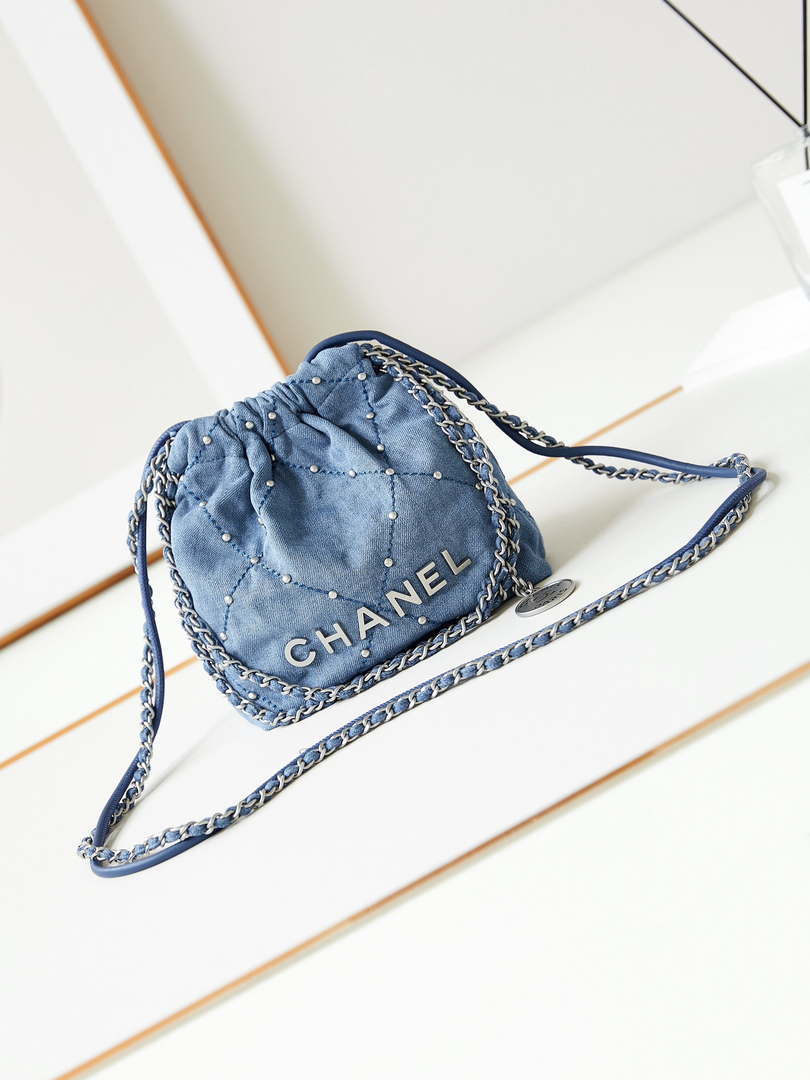 CHANEL 22 Mini Handbag Washed Denim & Silver-Tone Metal AS3980 Blue