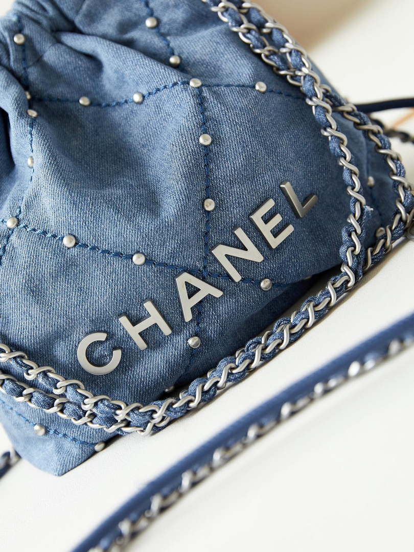 CHANEL 22 Mini Handbag Washed Denim & Silver-Tone Metal AS3980 Blue