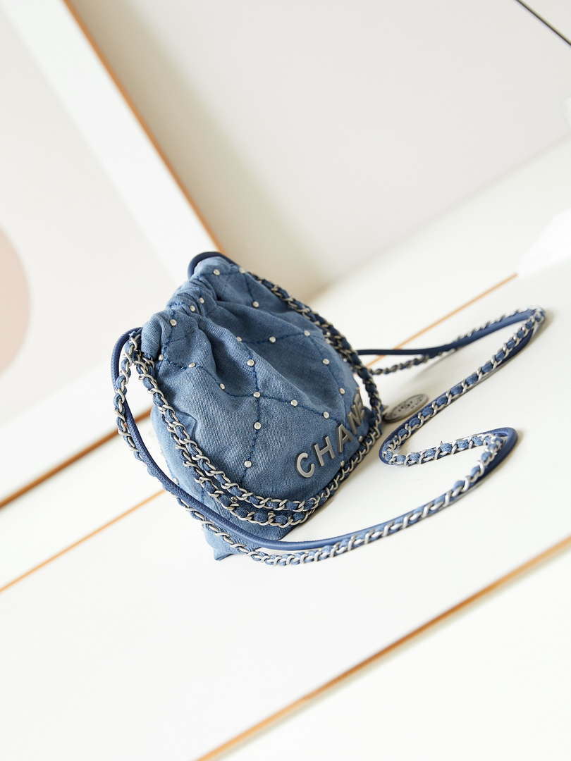 CHANEL 22 Mini Handbag Washed Denim & Silver-Tone Metal AS3980 Blue
