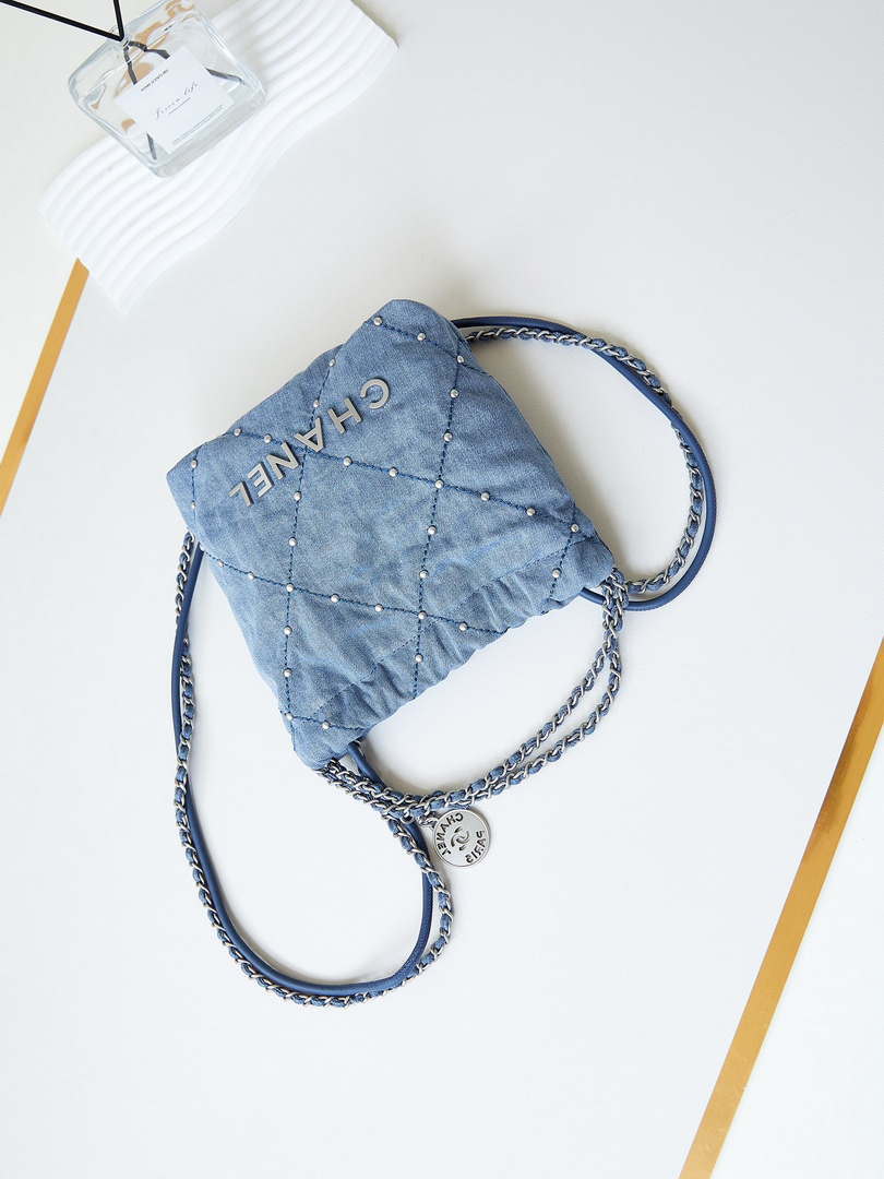 CHANEL 22 Mini Handbag Washed Denim & Silver-Tone Metal AS3980 Blue