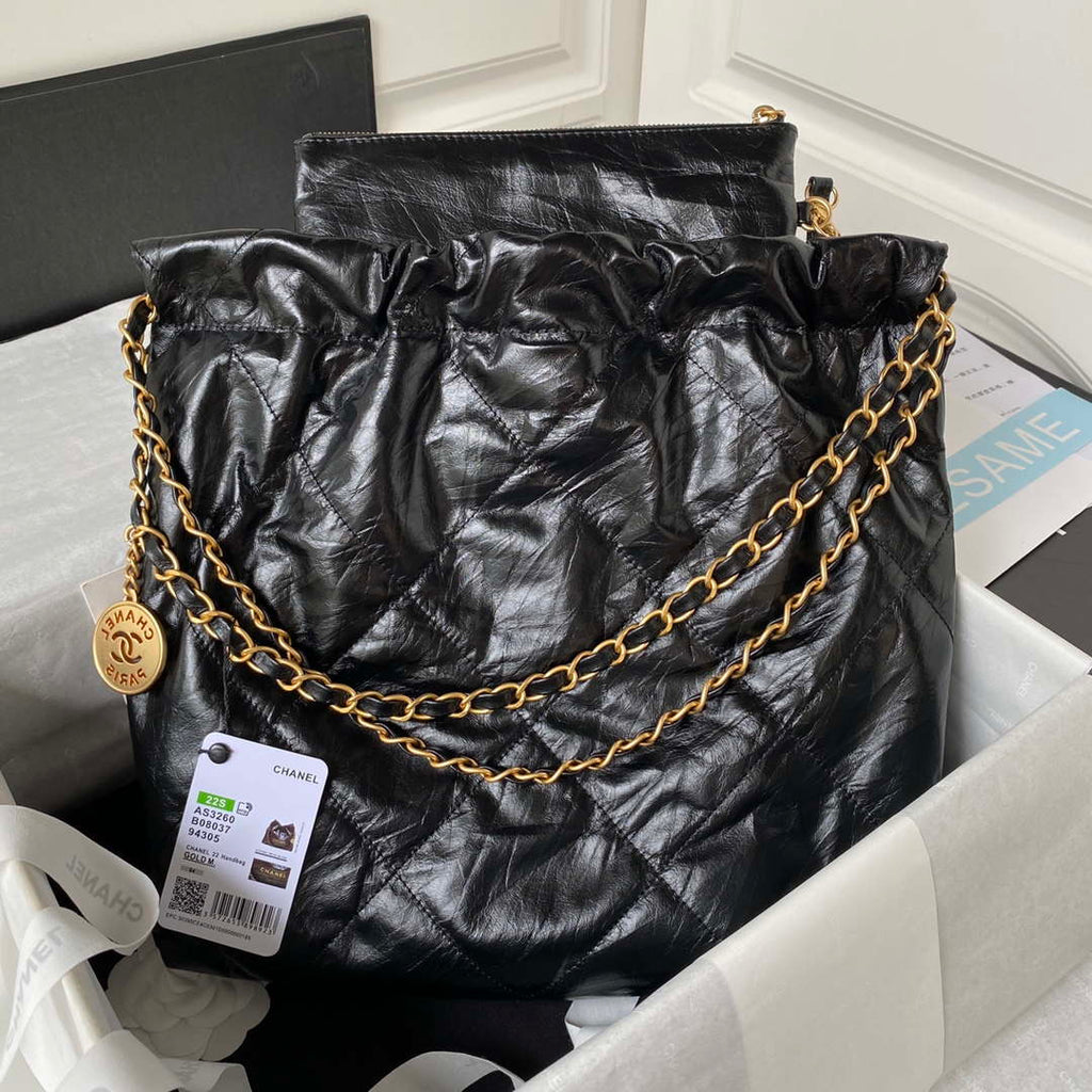 Chanel 22 Small Handbag AS3260 Memorial Calfskin leather Black Gold