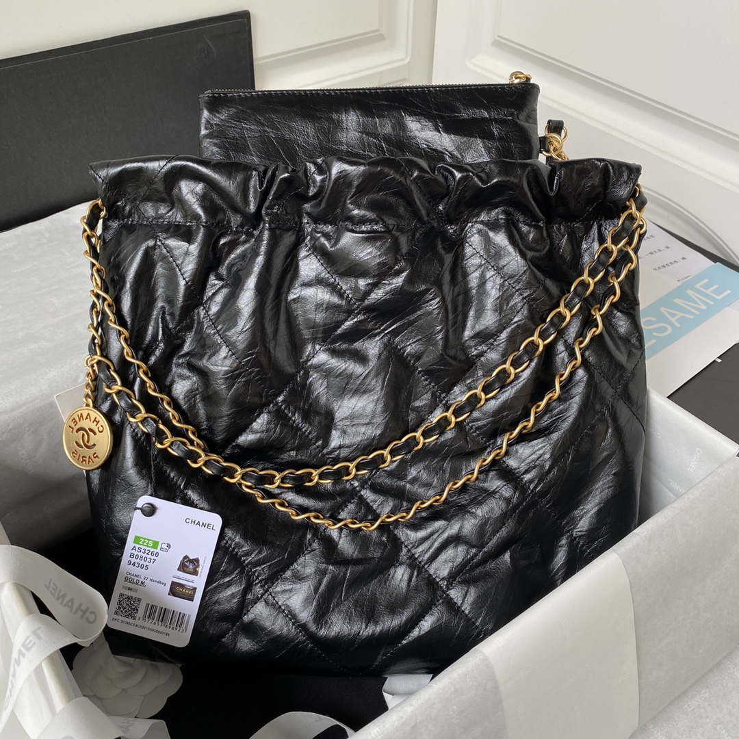 Chanel 22 Small Handbag AS3260 Memorial Calfskin leather Black Gold