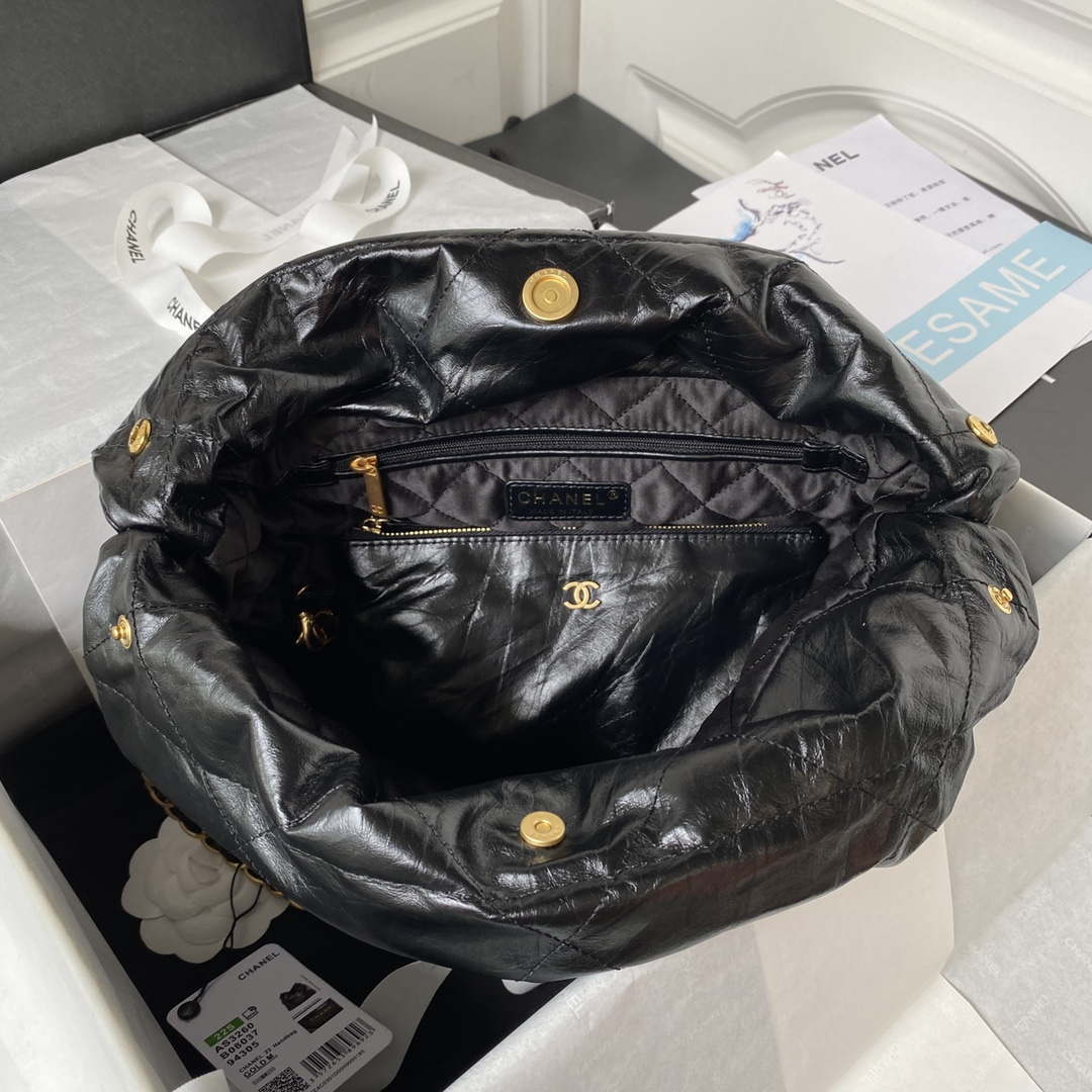 Chanel 22 Small Handbag AS3260 Memorial Calfskin leather Black Gold