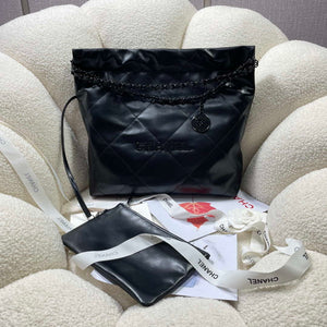 Chanel 22 Small Handbag Shiny Calfskin AS3260 Black with Black logo - Default Title - View 1