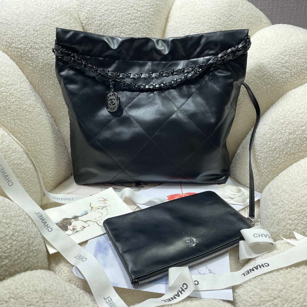 Chanel 22 Small Handbag Shiny Calfskin AS3260 Black with Black logo