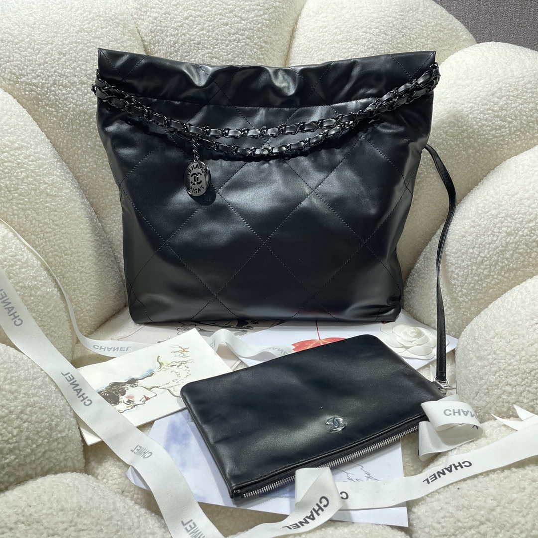 Chanel 22 Small Handbag Shiny Calfskin AS3260 Black with Black logo - Default Title - View 2