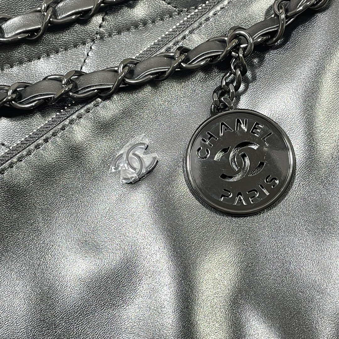 Chanel 22 Small Handbag Shiny Calfskin AS3260 Black with Black logo - Default Title - View 6