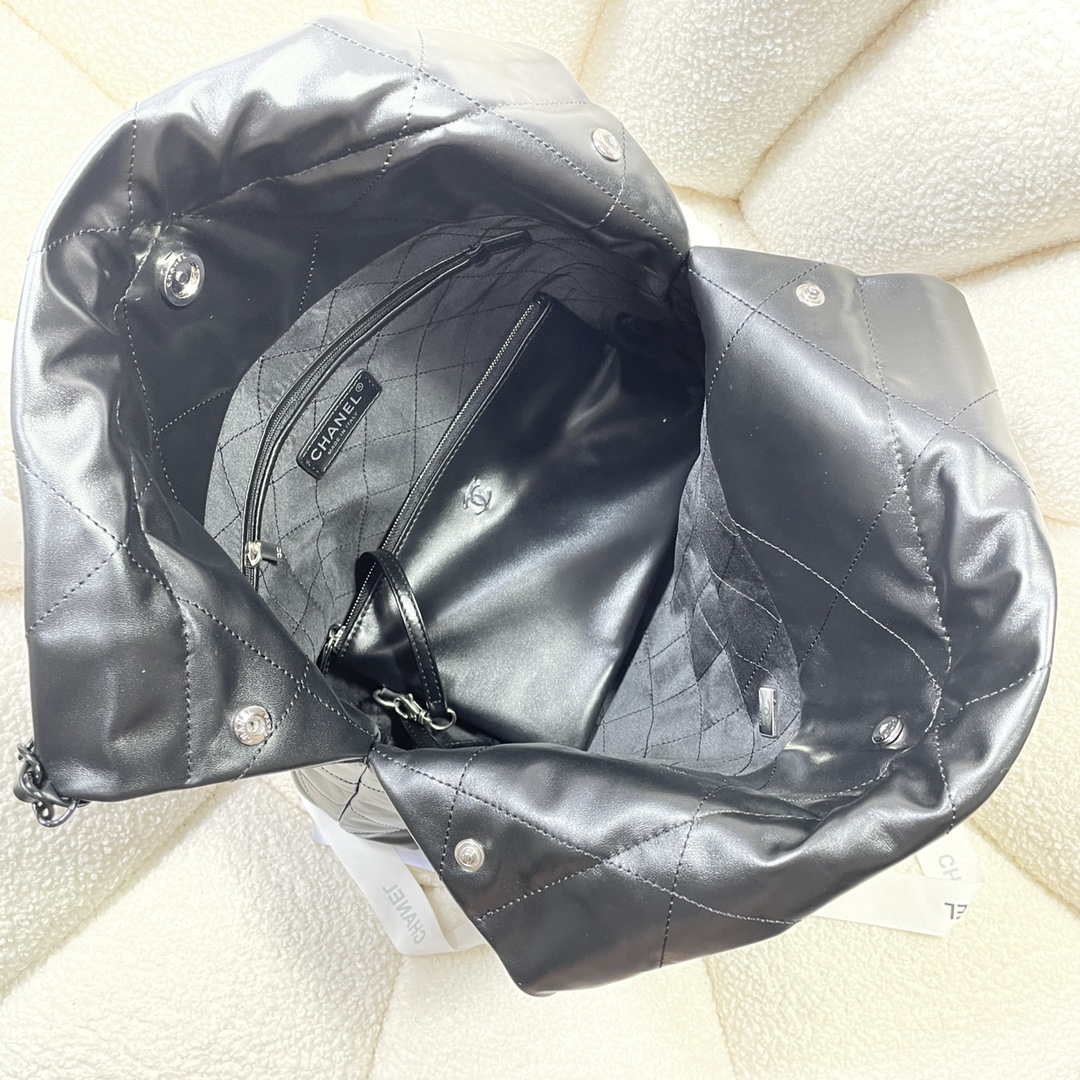 Chanel 22 Small Handbag Shiny Calfskin AS3260 Black with Black logo - Default Title - View 7