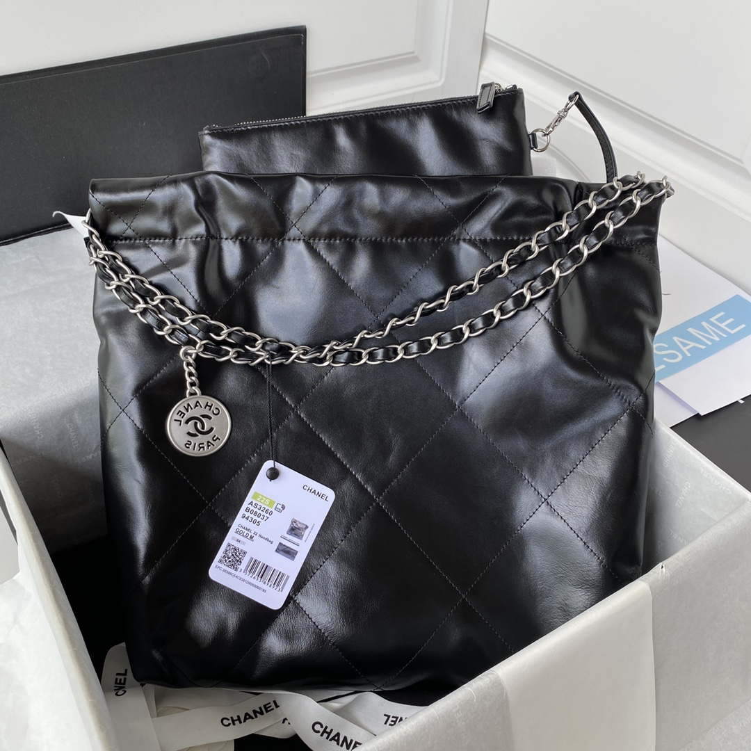 Chanel 22 Small Handbag Shiny Calfskin AS3260 Black with Silver Logo