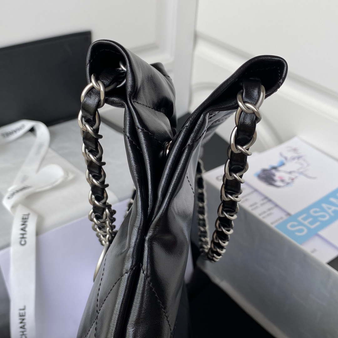 Chanel 22 Small Handbag Shiny Calfskin AS3260 Black with Silver Logo - Default Title - View 5