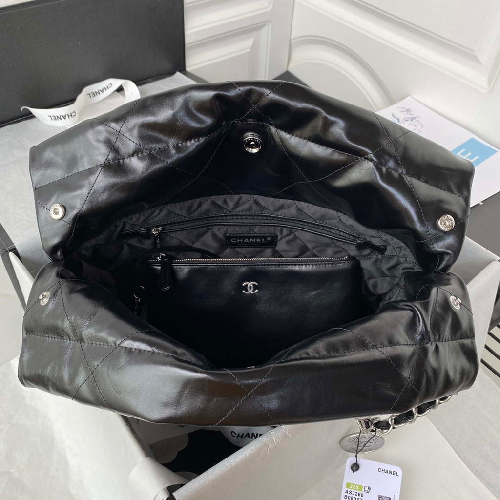 Chanel 22 Small Handbag Shiny Calfskin AS3260 Black with Silver Logo