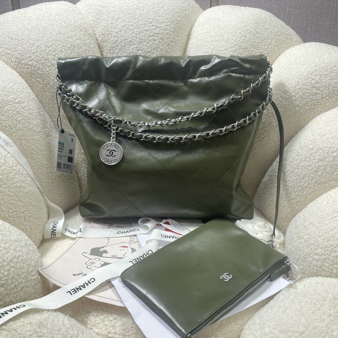 Chanel 22 Small Handbag Shiny Calfskin AS3260 Dark Green