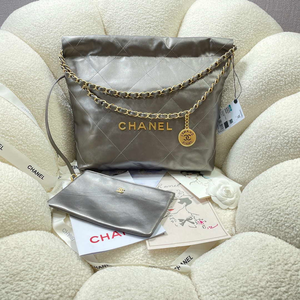 Chanel 22 Small Handbag Shiny Calfskin AS3260 Gray Silver