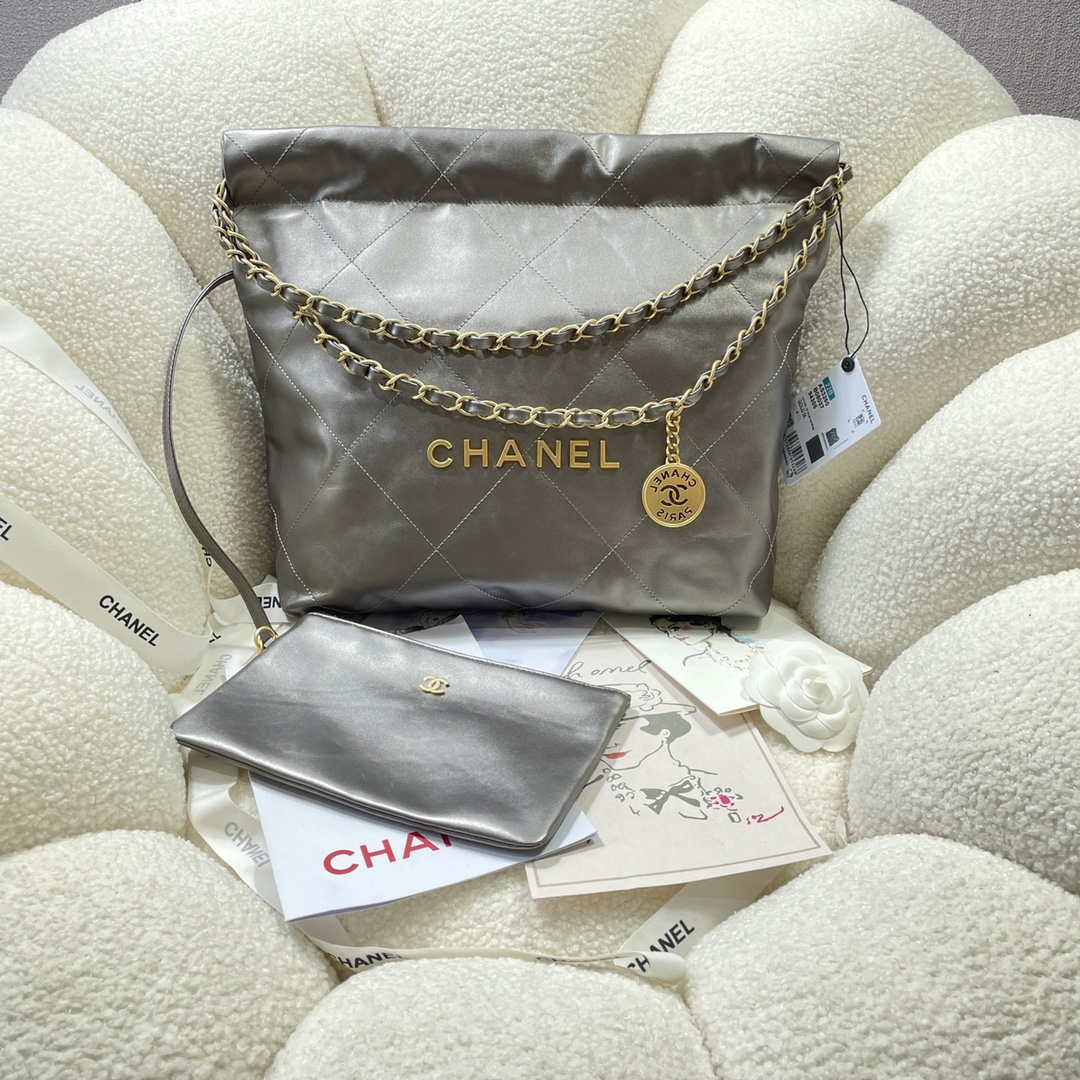 Chanel 22 Small Handbag Shiny Calfskin AS3260 Gray Silver - Default Title - View 1