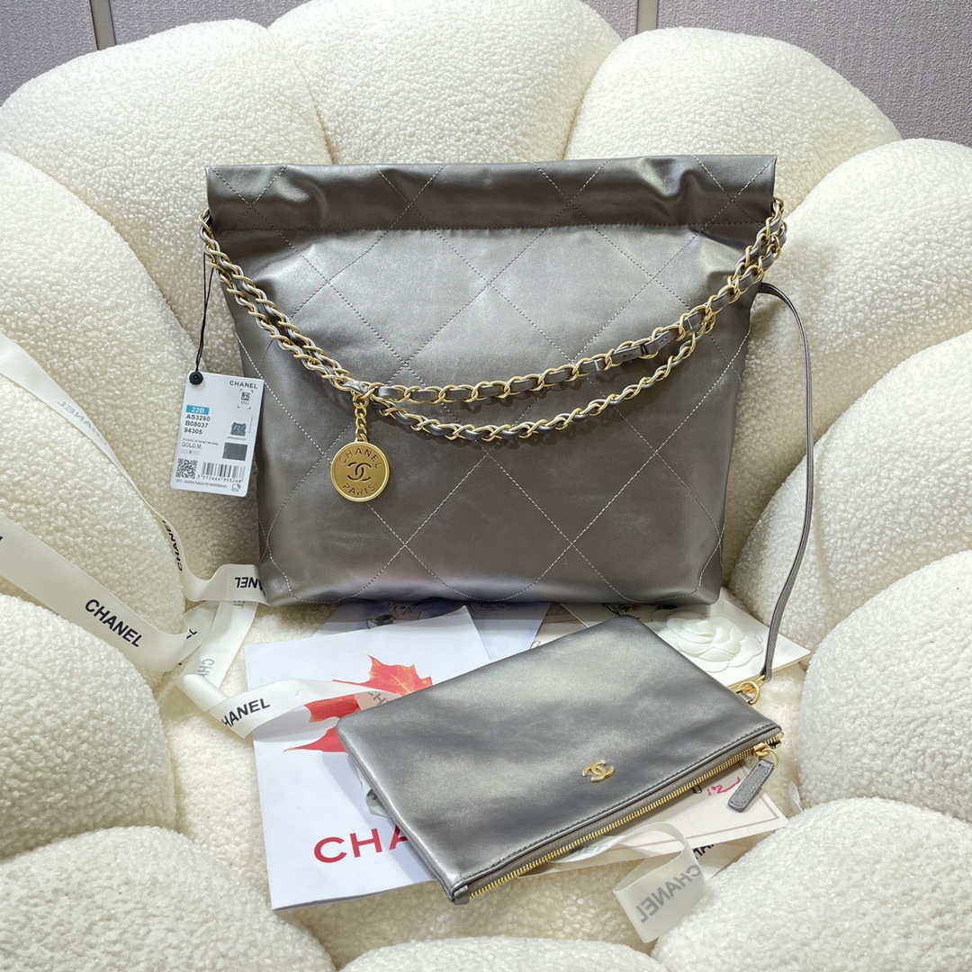 Chanel 22 Small Handbag Shiny Calfskin AS3260 Gray Silver - Default Title - View 2