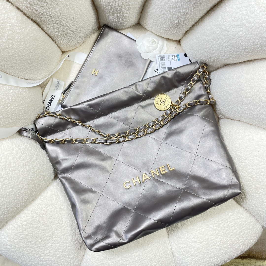 Chanel 22 Small Handbag Shiny Calfskin AS3260 Gray Silver - Default Title - View 4