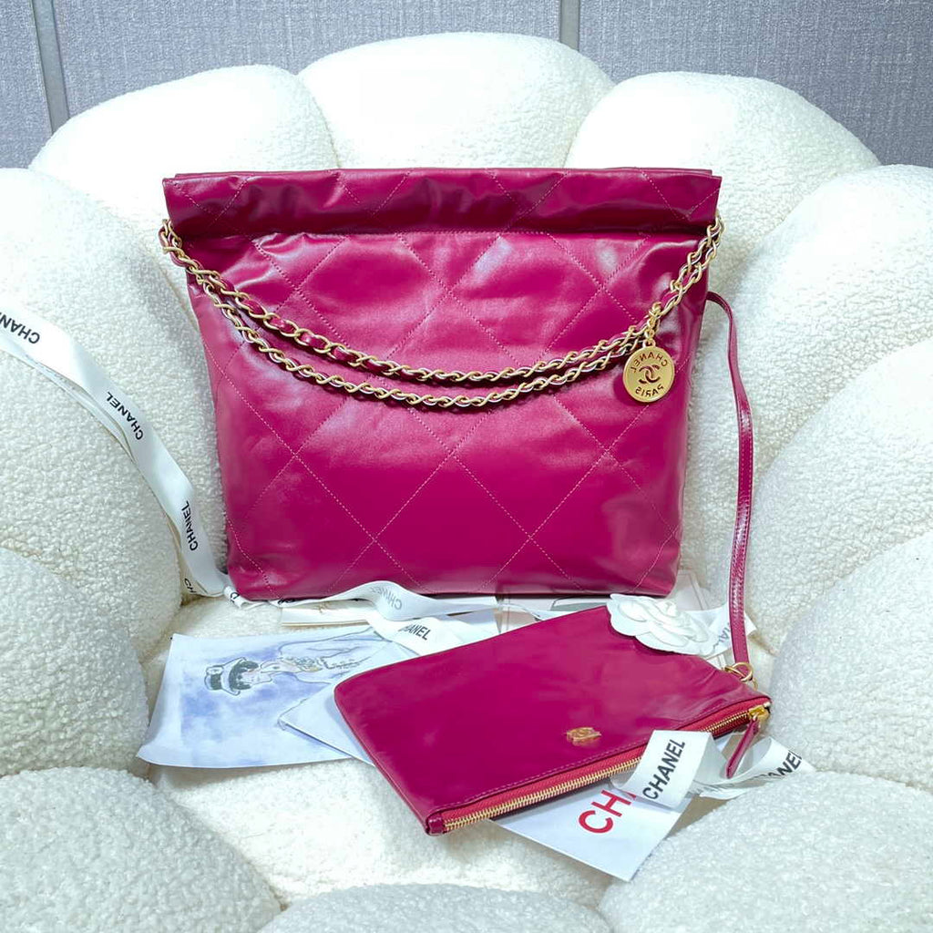 Chanel 22 Small Handbag Shiny Calfskin AS3260 Rose Red