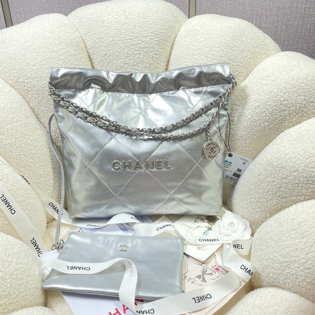 Chanel 22 Small Handbag Shiny Calfskin AS3260 Silver - Default Title - View 1