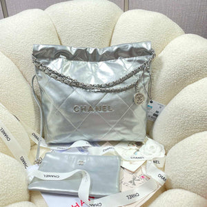 Chanel 22 Small Handbag Shiny Calfskin AS3260 Silver - Default Title - View 1