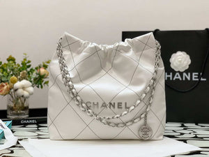 Chanel 22 Small Handbag Shiny Calfskin AS3260 White with Silver Logo - Default Title - View 1