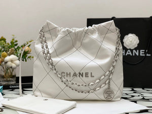 Chanel 22 Small Handbag Shiny Calfskin AS3260 White with Silver Logo - Default Title - View 2