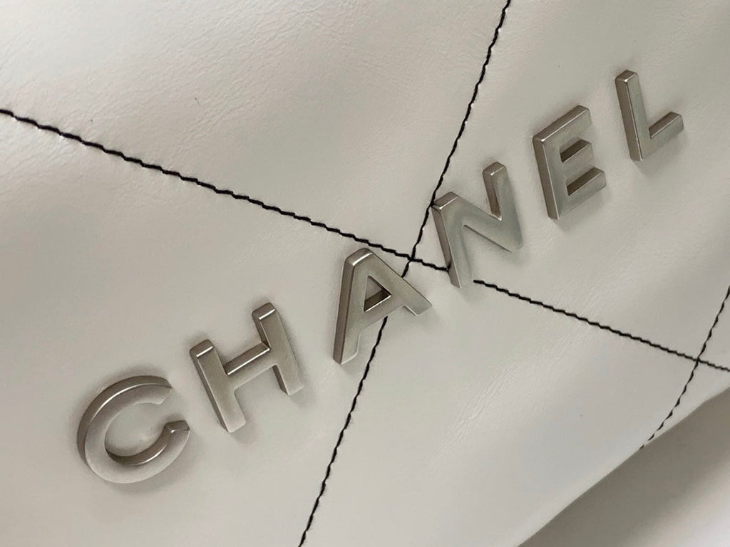 Chanel 22 Small Handbag Shiny Calfskin AS3260 White with Silver Logo