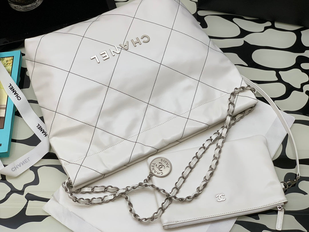 Chanel 22 Small Handbag Shiny Calfskin AS3260 White with Silver Logo - Default Title - View 6