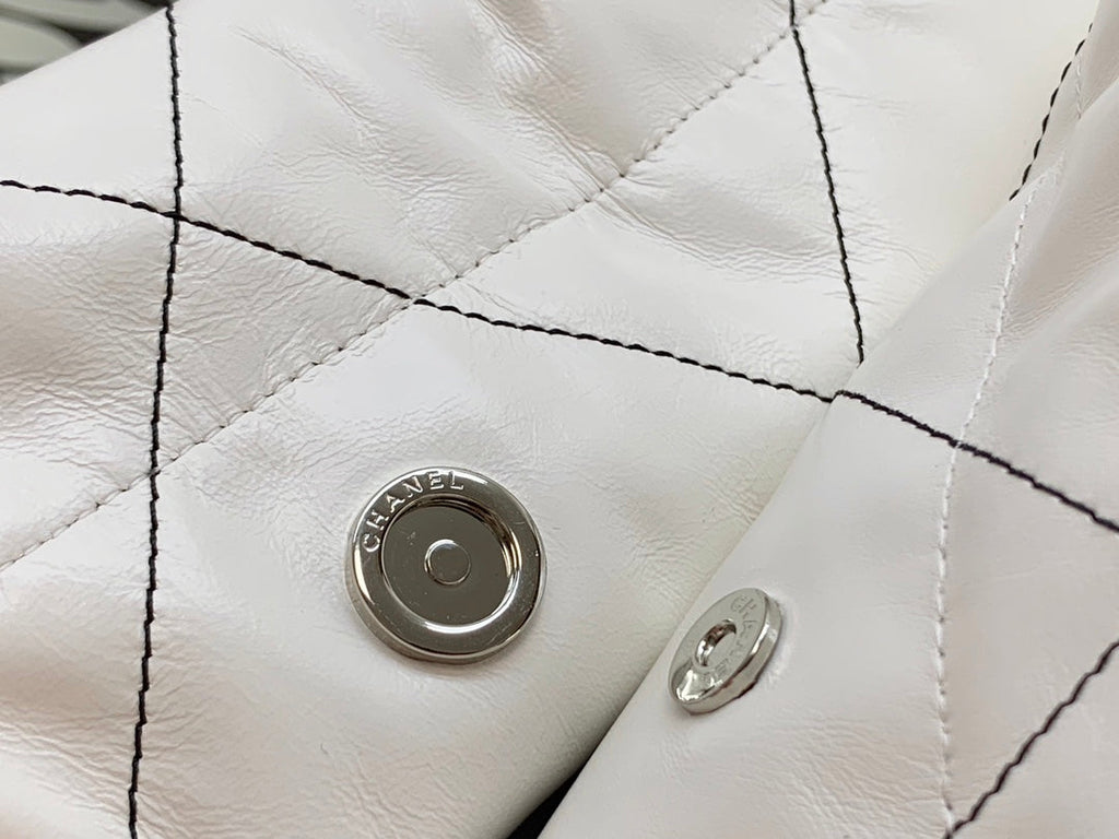 Chanel 22 Small Handbag Shiny Calfskin AS3260 White with Silver Logo