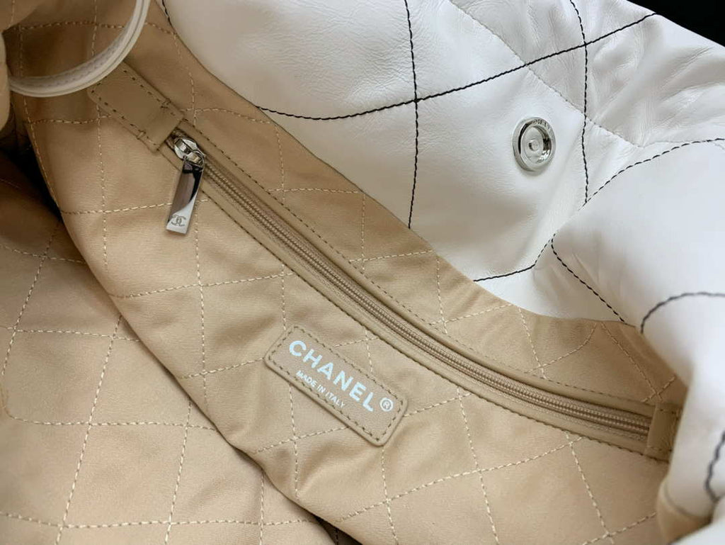 Chanel 22 Small Handbag Shiny Calfskin AS3260 White with Silver Logo