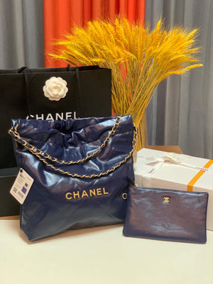 Chanel 22 Small Handbag Shiny Calfskin AS3260 Navy Blue Gold - Default Title - View 1
