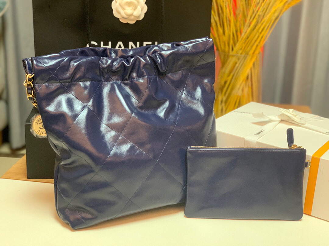 Chanel 22 Small Handbag Shiny Calfskin AS3260 Navy Blue Gold - Default Title - View 3