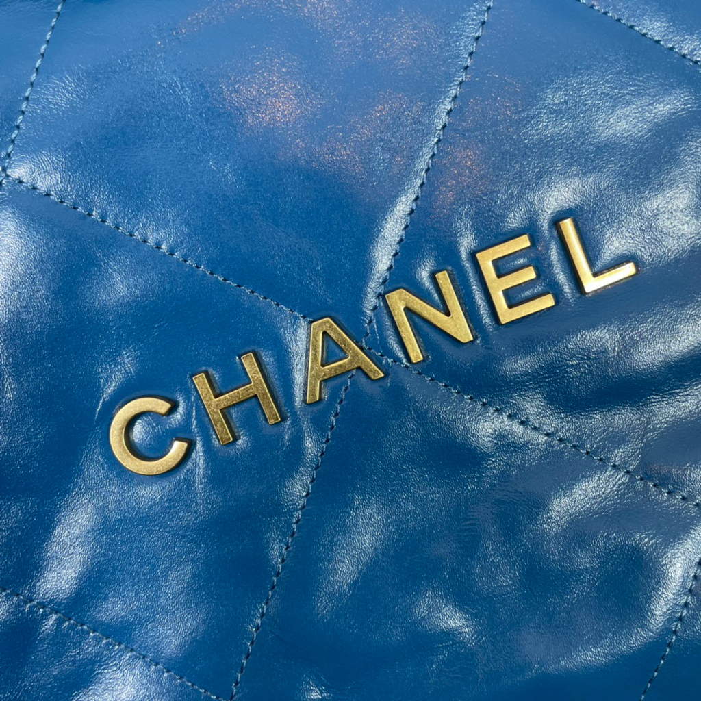Chanel AS3260 22 Small Handbag Shiny Calfskin Blue Gold
