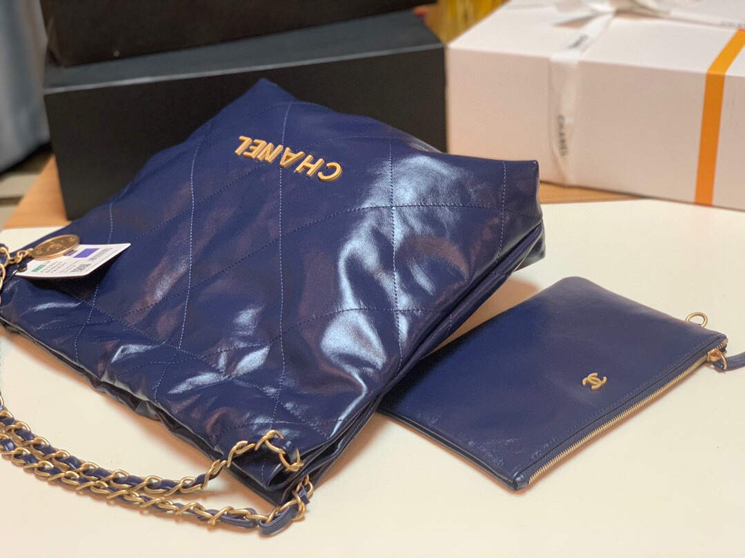 Chanel 22 Small Handbag Shiny Calfskin AS3260 Navy Blue Gold - Default Title - View 5