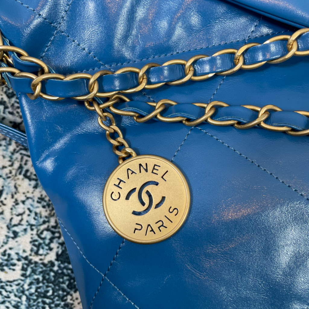 Chanel AS3260 22 Small Handbag Shiny Calfskin Blue Gold