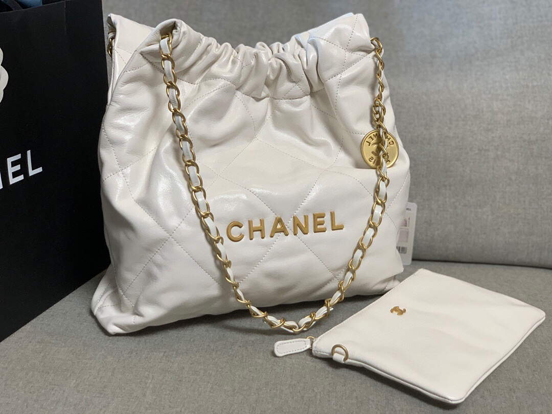 Chanel 22 Small Handbag Shiny Calfskin AS3260 White Gold - Default Title - View 2
