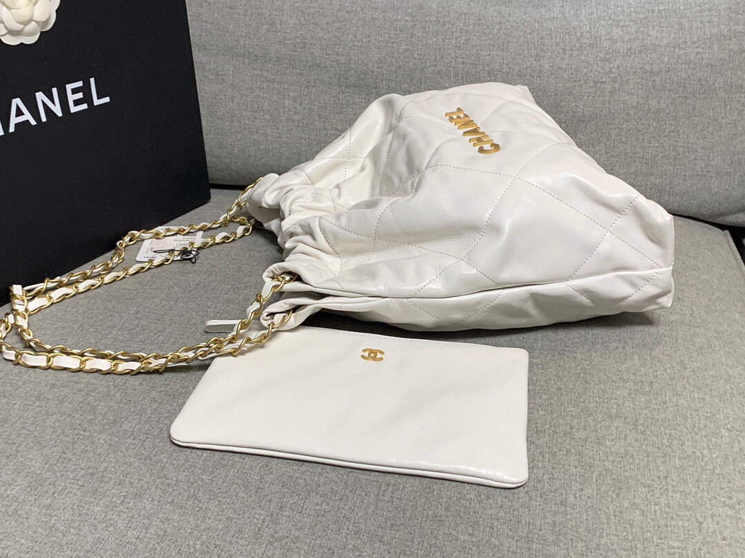 Chanel 22 Small Handbag Shiny Calfskin AS3260 White Gold