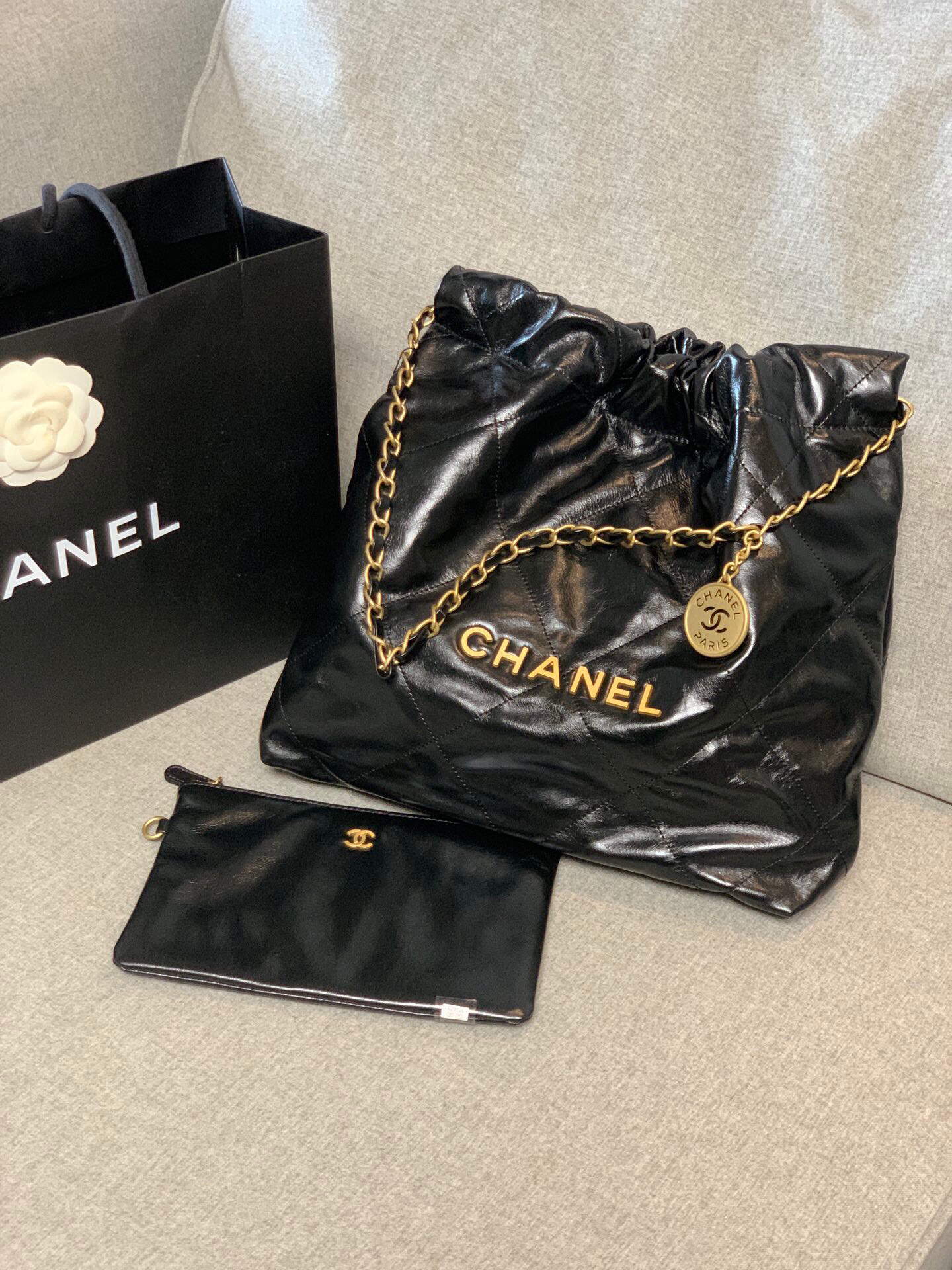 Chanel 22 Small Handbag Shiny Calfskin AS3260 Black Gold - Default Title - View 1