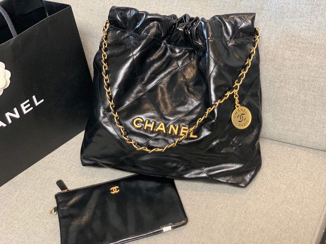 Chanel 22 Small Handbag Shiny Calfskin AS3260 Black Gold